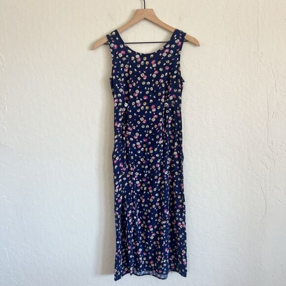 Vintage 90s Caroline Wells Sleeveless Midi Slip Dress size 6 Petite Blue Floral - Picture 4 of 4